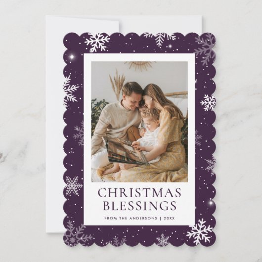 Purple Christmas Blessings Snowflake Photo Feestdagenkaart (Voorkant)