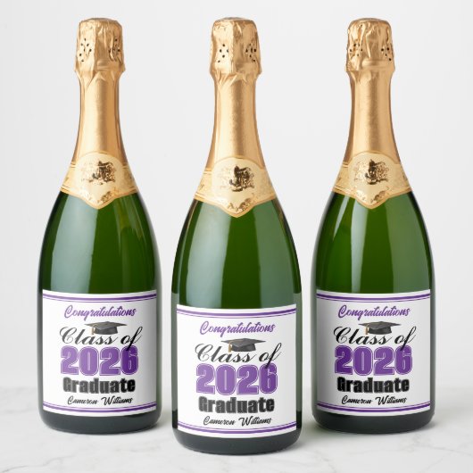 Purple Class of 2026 Graduation Party Custom Sparkling Wijnetiket (Flessen)