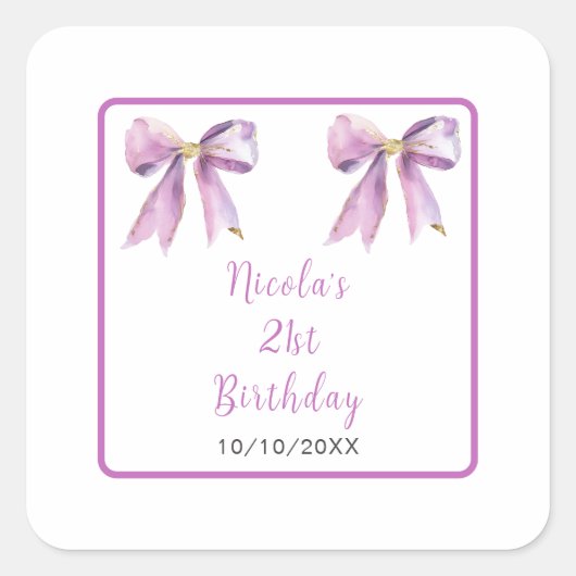 Purple Coquette Bow Birthday Party Vierkante Sticker (Voorkant)