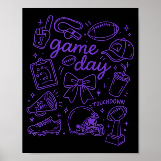 Purple Coquette Bow Cheer Game Day Doodle Touchdow Poster (Voorkant)