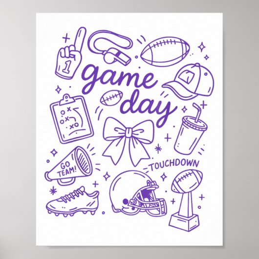 Purple Coquette Bow Cheer Game Day Doodle Touchdow Poster (Voorkant)