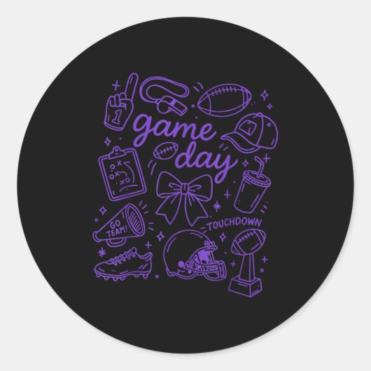 Purple Coquette Bow Cheer Game Day Doodle Touchdow Ronde Sticker (Voorkant)