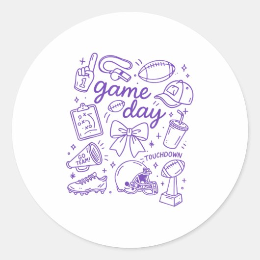 Purple Coquette Bow Cheer Game Day Doodle Touchdow Ronde Sticker (Voorkant)