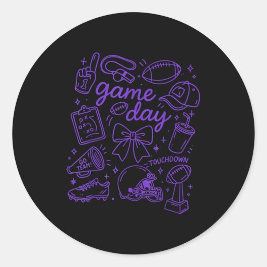 Purple Coquette Bow Cheer Game Day Doodle Touchdow Ronde Sticker (Voorkant)