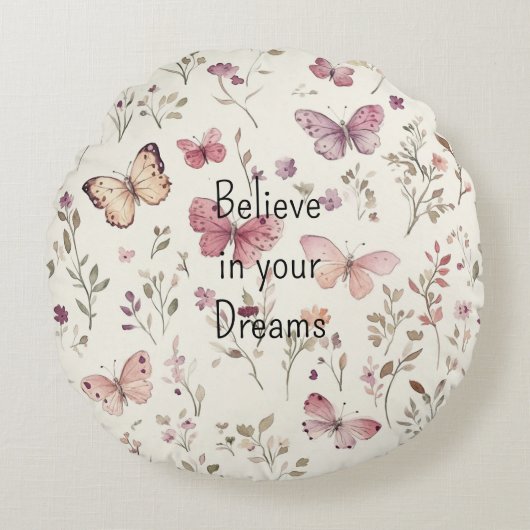 Purple Cream Butterflies Floral Believe Dreams Rond Kussen (Voorkant)