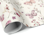 Purple Cream Butterflies Floral Birthday Cadeaupapier (Rol Hoek)
