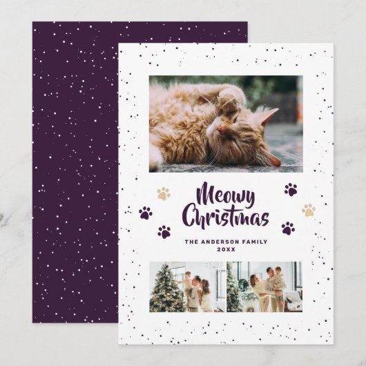 Purple Cute Meowy Christmas Snow Photo Feestdagenkaart (Voorkant / Achterkant)
