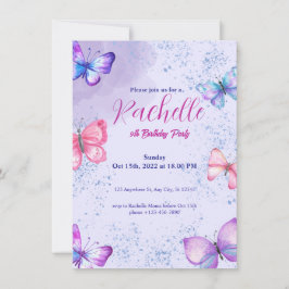 Purple Cute Watercolor Birthday Invitation Card Kaart