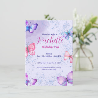 Purple Cute Watercolor Birthday Invitation Card Kaart