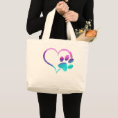 Purple Cyan Dog paw Print Heart  Grote Tote Bag (Voorkant (product))