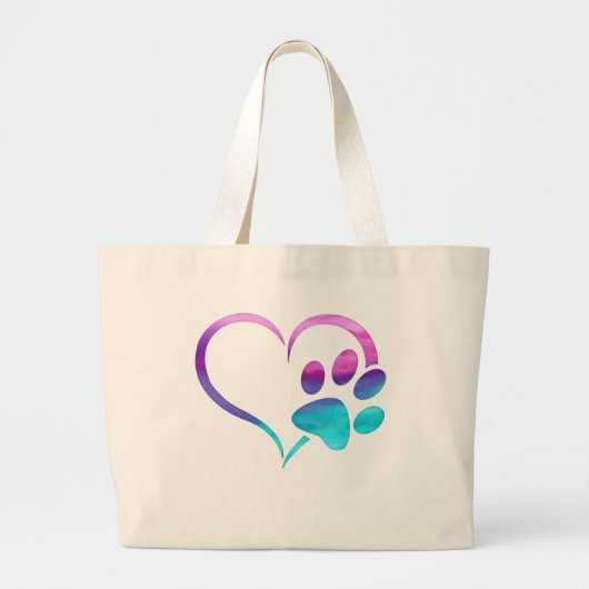 Purple Cyan Dog paw Print Heart  Grote Tote Bag (Voorkant)