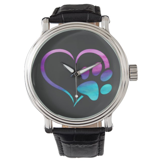 Purple Cyan Dog paw Print Heart  Horloge (Voorkant)