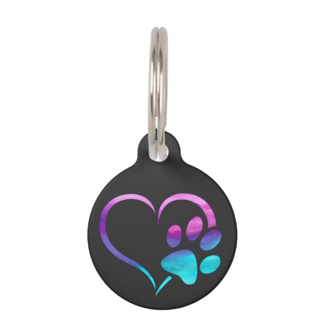 Purple Cyan Dog paw Print Heart  Huisdierpenning (Voorkant)