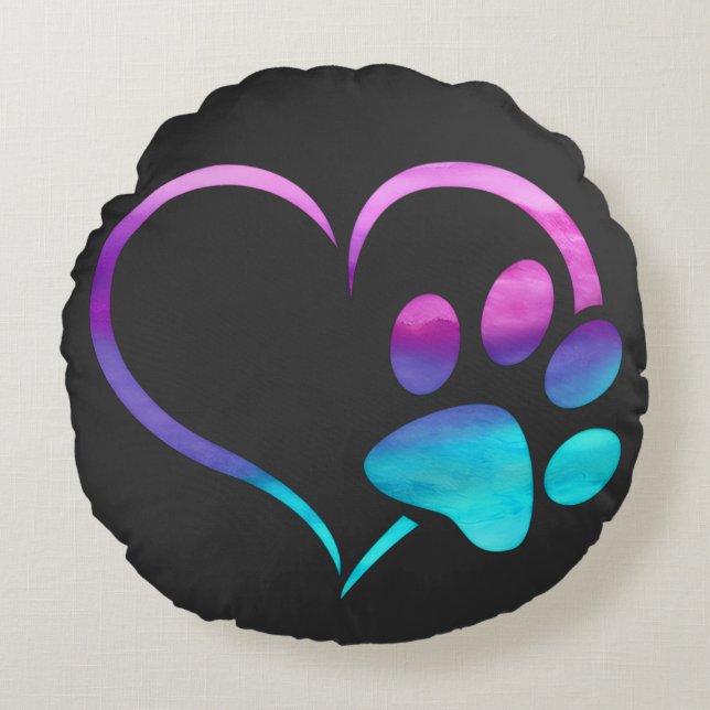 Purple Cyan Dog paw Print Heart  Rond Kussen (Voorkant)