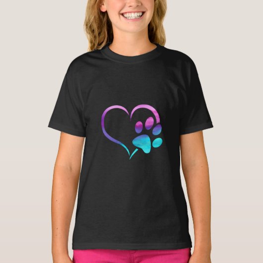 Purple Cyan Dog paw Print Heart T-shirt (Voorkant)