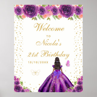 Purple Dark Skin Girl Birthday Party Welcome Poster
