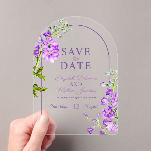 Purple delphinium botanical acrylic save the date acryl uitnodigingen (Insitu (Draagbaar))