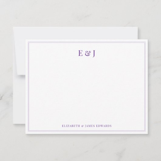Purple Double Border Elegant Couple Monogram Notitiekaartje (Voorkant)