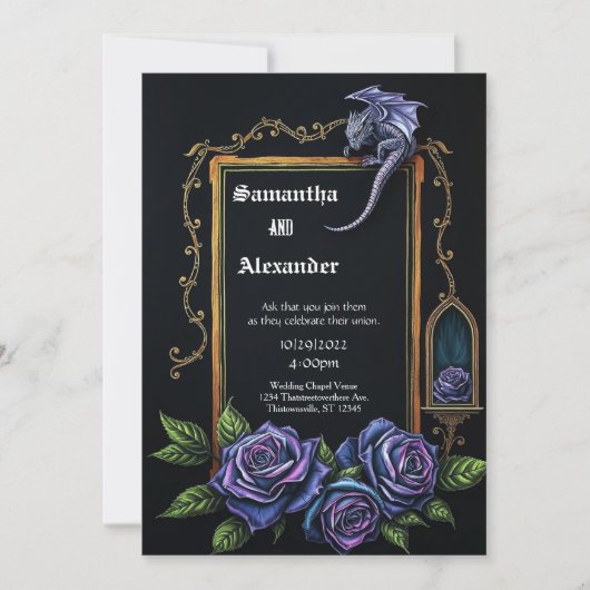 Purple Dragon and Roses Gothic Wedding Invitation Kaart (Voorkant)
