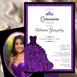 Purple Dress and Tiara Custom Photo Quinceanera Kaart