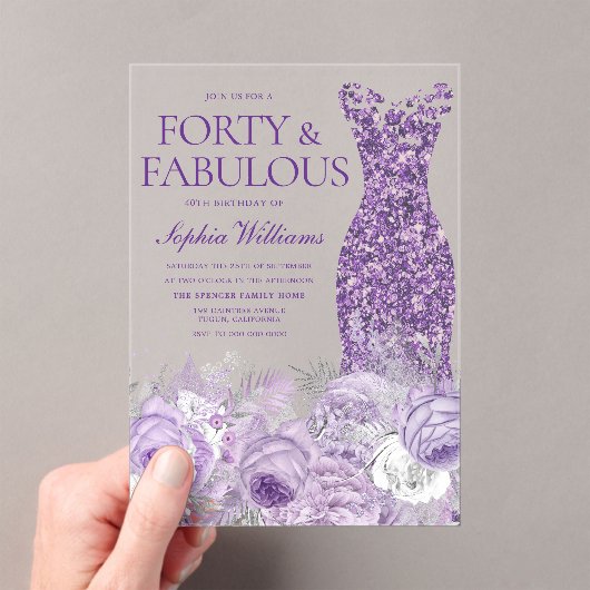 Purple Dress Floral 40 & Fabulous 40th Birthday Acryl Uitnodigingen (Insitu (Draagbaar))