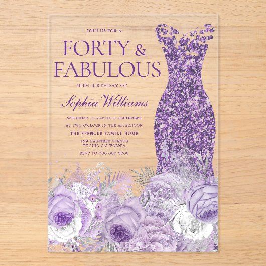 Purple Dress Floral 40 & Fabulous 40th Birthday Acryl Uitnodigingen (Voorkant)