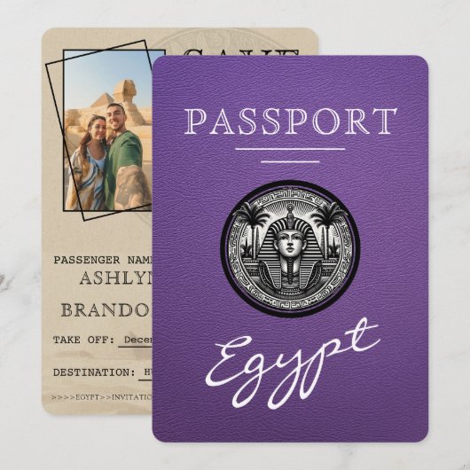 Purple Egypt Passport Wedding Save the Date (Voorkant / Achterkant)
