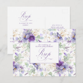 Purple Elegant Botanical Wedding RSVP Postcard Briefkaart