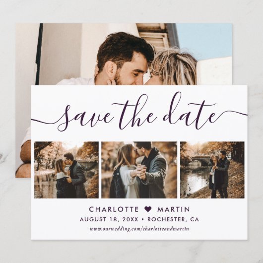 Purple Elegant Modern Script 4 Photo Wedding Save The Date (Voorkant / Achterkant)