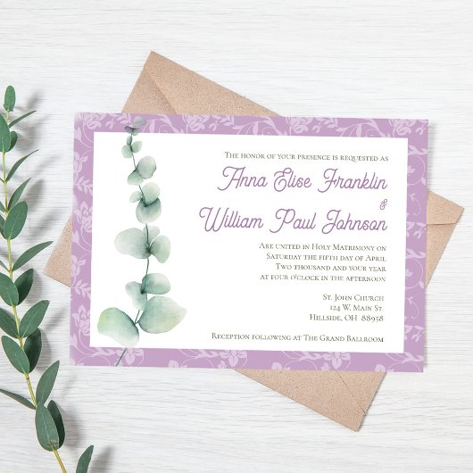Purple Eucalyptus Floral Wedding Invitation Kaart
