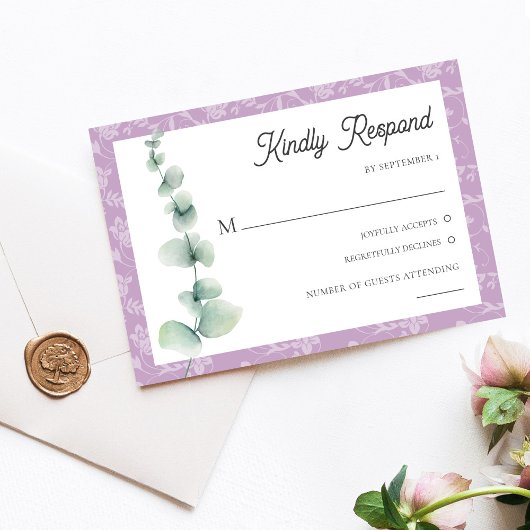 Purple Eucalyptus Floral Wedding RSVP Card Kaart