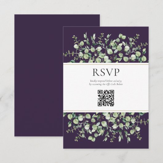 Purple Eucalyptus QR Code Wedding RSVP  Informatiekaartje (Voorkant / Achterkant)