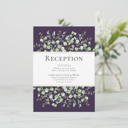 Purple Eucalyptus Wedding Reception Informatiekaartje (Staand voorkant)