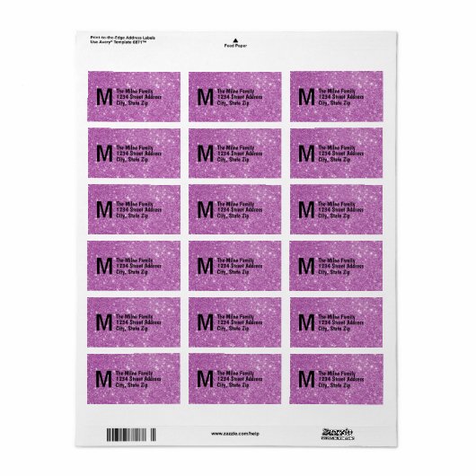 Purple Faux Glitter Monogram Address Labels (Full Sheet)