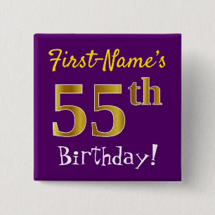 Purple, Faux Gold 55th Birthday, With Custom Name Vierkante Button 5,1 Cm