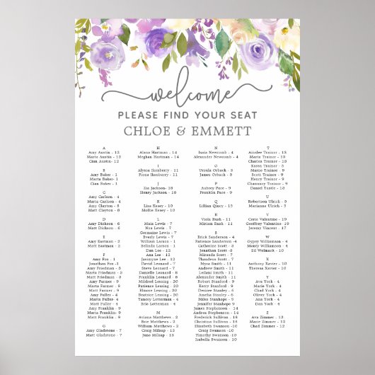 Purple Floral Alphabetical Wedding Seating Chart Poster (Voorkant)
