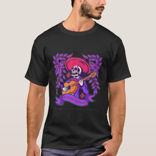 Purple Floral Black Sugar Skull Day Of The Dead T-shirt (Voorkant)