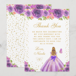 Purple Floral Blonde Hair Princess Birthday Party Bedankkaart