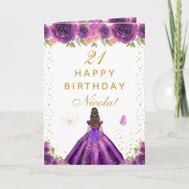 Purple Floral Brunette Hair Girl Birthday Kaart