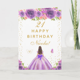 Purple Floral Brunette Hair Girl Birthday Kaart