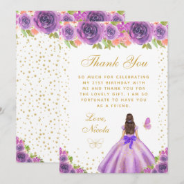 Purple Floral Brunette Hair Princess Birthday Part Bedankkaart