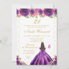 Purple Floral Brunette Princess Birthday Party Kaart