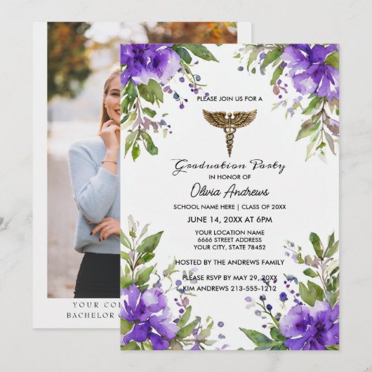 Purple Floral BSN Nursing Graduation Invitation |  Kaart (Voorkant / Achterkant)