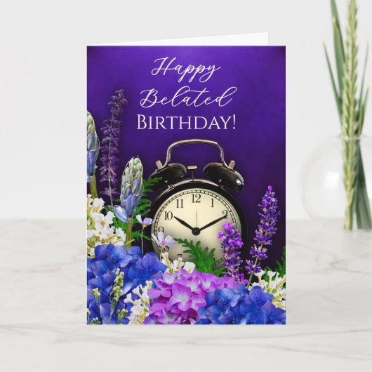 Purple Floral Clock Belated Birthday Card Kaart (Voorkant)