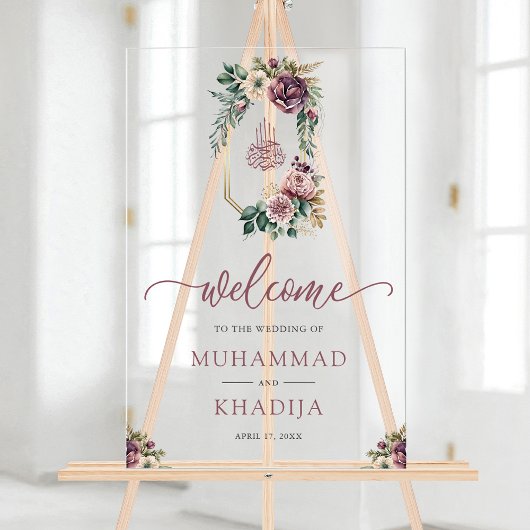 Purple Floral Crest Muslim Wedding Welcome Acryl Bord