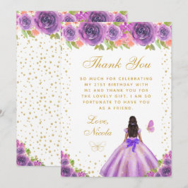 Purple Floral Dark Skin Princess Birthday Party Bedankkaart