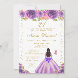 Purple Floral Dark Skin Princess Birthday Party Kaart