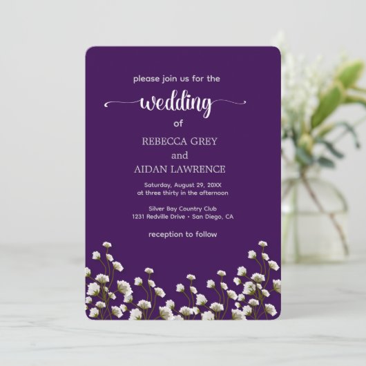 Purple Floral Elegant Wedding Invitation Kaart (Staand voorkant)