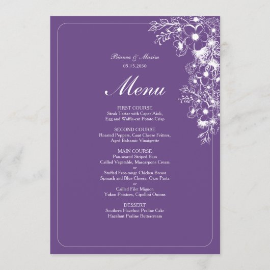 Purple Floral Elegant Wedding Menu (Voorkant)