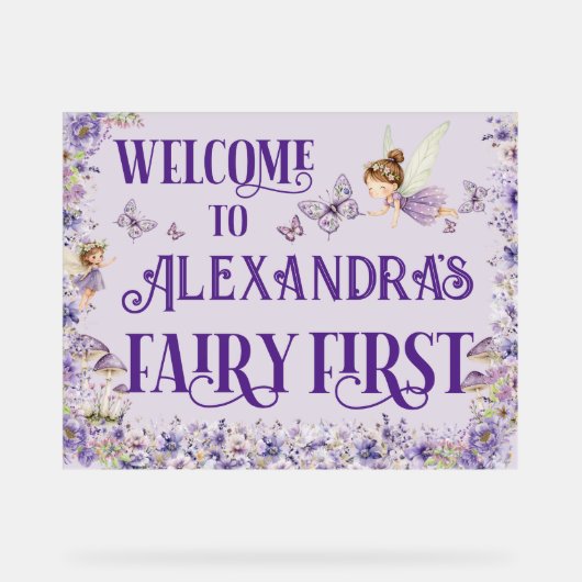 Purple Floral Fairy First 11x14 Birthday Welcome Acryl Bord (Voorkant)